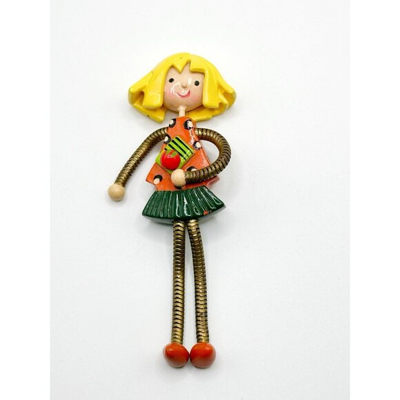 Katherine Perriguey Moveable Arms Legs Painted Girl Pin Brooch - Picture 1 of 2
